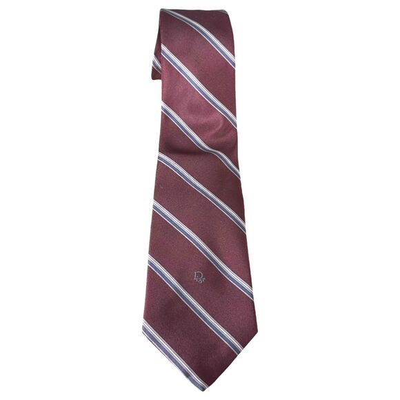 Christian Dior Burgundy Navy Designer Paris New York Diagonal Stripe Tie - Picture 1 of 5